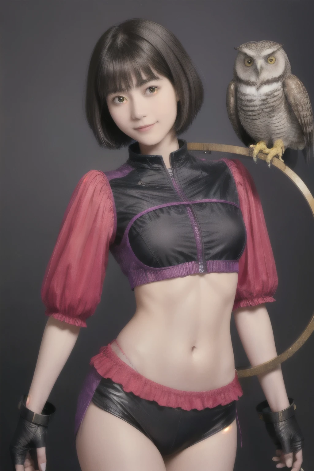224 Short Hair, 20-year-old woman, A kind smile, (There are also colorful owls), (Rembrandt-style painting), ((machinery suit,Clothes with short sleeves)),I can see your abs