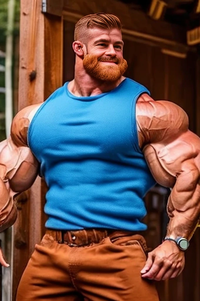 ginger daddy, (1boy), (soft smile), tan skin, (natural daylight:1.3), flexing biceps, perfect biceps, round biceps, arm flexed, bicep flexing pose, (good face:1.5), (male model:1.3), Ewan McGregors Face on a masculine young man with a beard, ginger, bodybuilder competition flexing poses, showing off biceps, (handsome:1.5), (beautiful:1.3), gorgeous, high quality face, ginger, extremely attractive, defined muscles, hairy body, messy hair, (muscular:1.7)