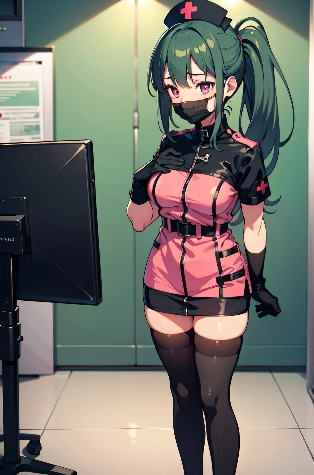 black nurse, 1girl, solo, black nurse cap, black nurse uniform, ((black legwear, zettai ryouiki)), black elbow gloves, ponytail, green hair, pink eyes, ((black surgical mask, covered nose)), standing, ((surgery room)), sharp outline, short sleeves, best quality, masterpiece