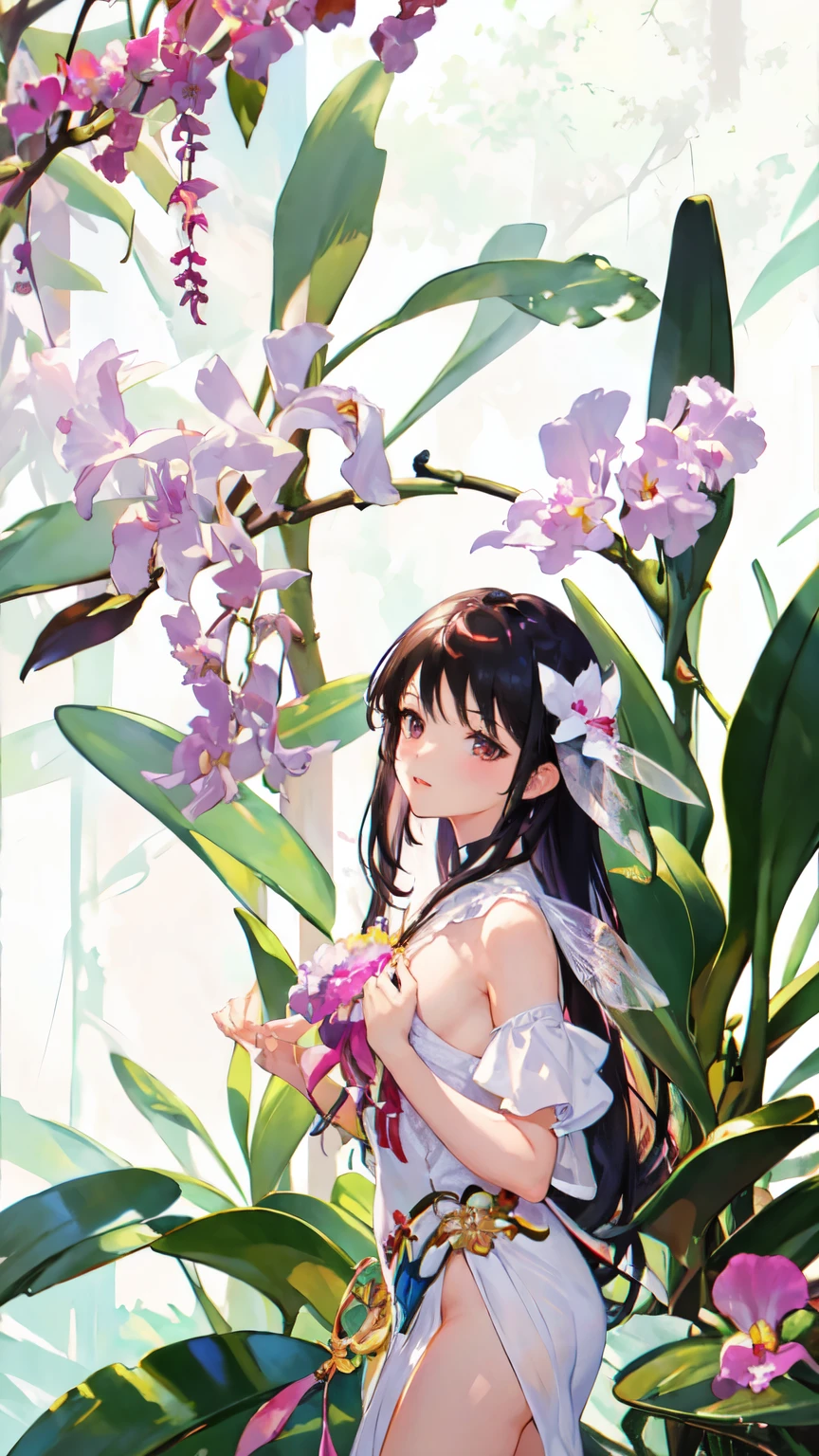 (highest quality、High resolution、masterpiece)、4K Anime Art、(Cattleya, flower, white, pink, leaf, )、 (Blue Butterfly)、(Tropical 花s and ornamental plants)、(Orchid Fairy、Beautiful Face、one piece、Small breasts、whole body)、(Soft Light)、(Soft Shading)、(Sargent-style watercolor)、(Edmund Leighton Style)、(Sargent-style watercolor)、(White Background)、(No background)、Blur the background、