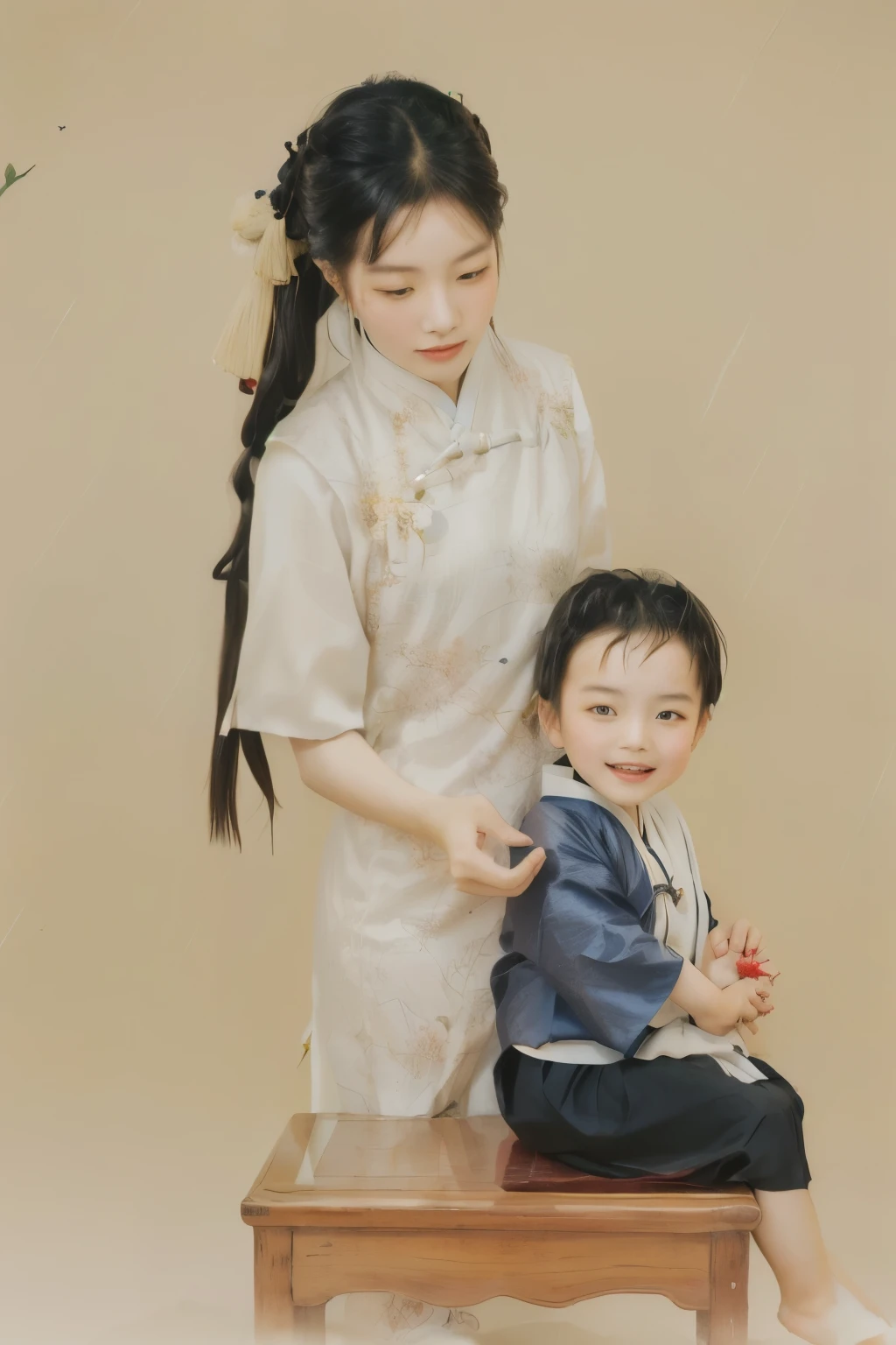 there is a woman and a  sitting on a table, with acient chinese clothes, maternal photography 4 k, with a , wearing ancient chinese clothes, traditional chinese clothing, traditional chinese, inspired by Emperor Huizong of Song, inspired by Chen Daofu, inspired by Zhang Sengyao, inspired by Dong Yuan, white hanfu