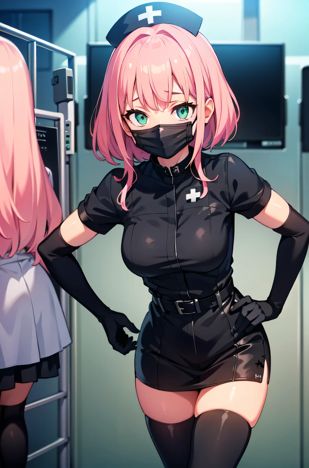 black nurse, 1girl, solo, black nurse cap, black nurse uniform, ((black legwear, zettai ryouiki)), black elbow gloves, pink hair, green eyes, drooping eyes, ((black surgical mask, covered nose)), standing, ((surgery room)), sharp outline, short sleeves, best quality, masterpiece