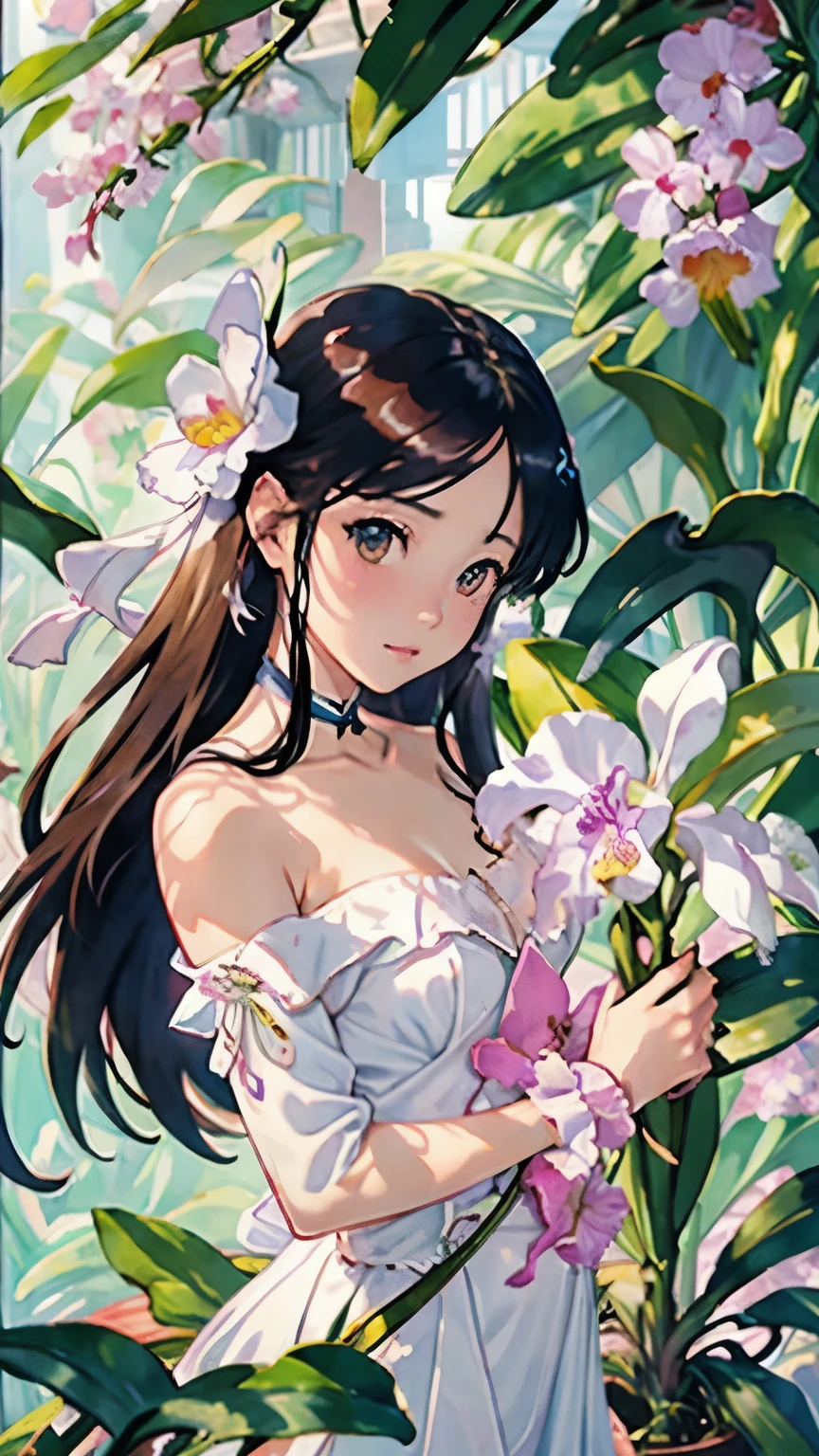 (highest quality、High resolution、masterpiece)、4K Anime Art、(Cattleya, flower, white, pink, leaf, )、 (Blue Butterfly)、(Tropical 花s and ornamental plants)、(Orchid Fairy、Beautiful Face、one piece、Small breasts、whole body)、(Soft Light)、(Soft Shading)、(Sargent-style watercolor)、(Edmund Leighton Style)、(Sargent-style watercolor)、(White Background)、(No background)、Blur the background、