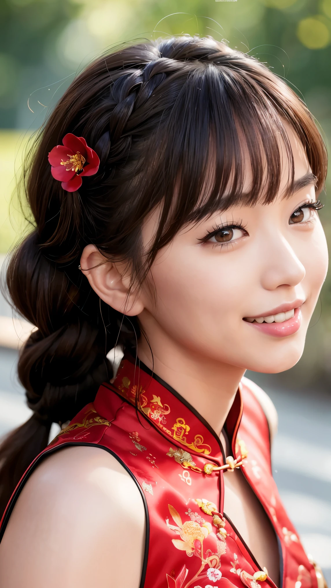 Realistic, masterpiece, highest quality, Highest resolution, One Japanese woman, Happy smile, Detailed and beautiful eyes, Iris, Sparkling eyes, Thin eyebrows, Gives your eyelashes a delicate finish, False eyelashes, Natural Makeup, (Braided Hair, Blunt bangs, Brown Hair:1.2), Detailed face, She looks to the side and into the distance, laughing, Mouth open, cheeks pink, (Sexy red cheongsam:1.3), (Fitted clothing:1.3), Upper body photo, Turning around, Portrait background