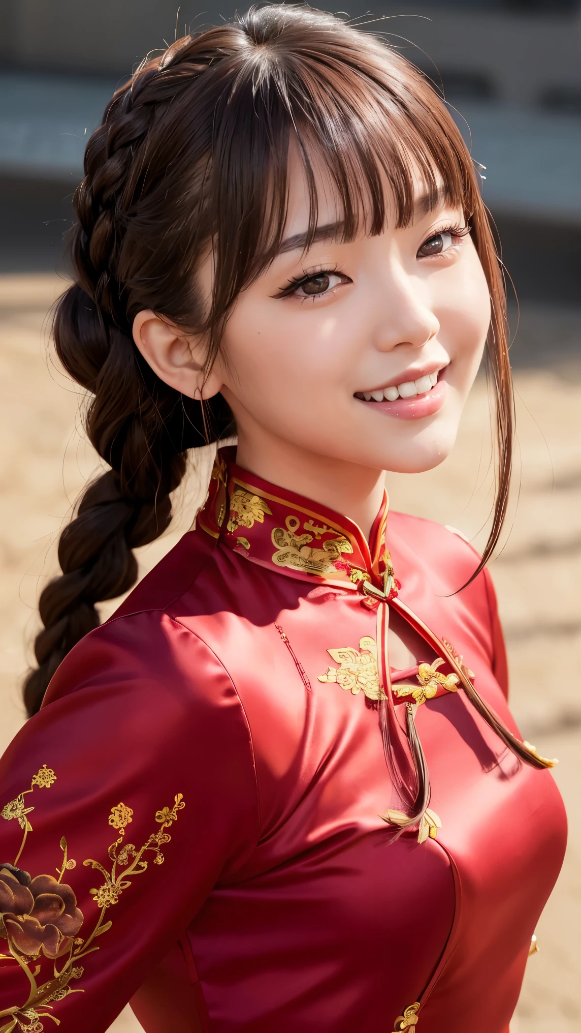 Realistic, masterpiece, highest quality, Highest resolution, One Japanese woman, Happy smile, Detailed and beautiful eyes, Iris, Sparkling eyes, Thin eyebrows, Gives your eyelashes a delicate finish, False eyelashes, Natural Makeup, (Braided Hair, Blunt bangs, Brown Hair:1.2), Detailed face, She looks to the side and into the distance, laughing, Mouth open, cheeks pink, (Sexy red cheongsam:1.3), (Fitted clothing:1.3), Upper body photo, Turning around, Portrait background