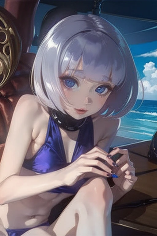 One Girl, irina_enomoto, Ocean, Purple underwear, short hair, Silver Hair, bangs, blue eyes, alone, alone Focus, Focus on women, Face Focus, Enchanting、Swimwear、
