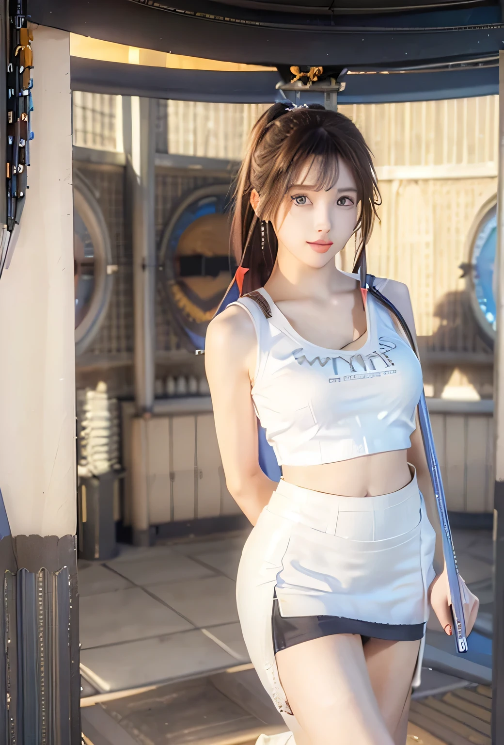 An innocent 20-year-old girl, (white Crop Top sleeveless tee:1.4), (short Pencil Skirt:1.8), (Dramatic Pose),smile, (High Ponytail),natural Park、RAW Photos, (8k, highest quality, masterpiece:1.2), (Intricate details:1.4)、(Photorealistic:1.4), Octane Rendering, Complex 3D rendering with ultra-detail, Studio Soft Light, Rim Light, Vivid details, Super Detail, Realistic skin texture, Detailed aspect, Beautiful details in the eyes, Highly detailed CG Unity 16k wallpaper, compensate, (Detailed Background:1.2), Glowing Skin, whole body, ((thin legs)), small waist, Cleavage, (looking at viewer:3.0)