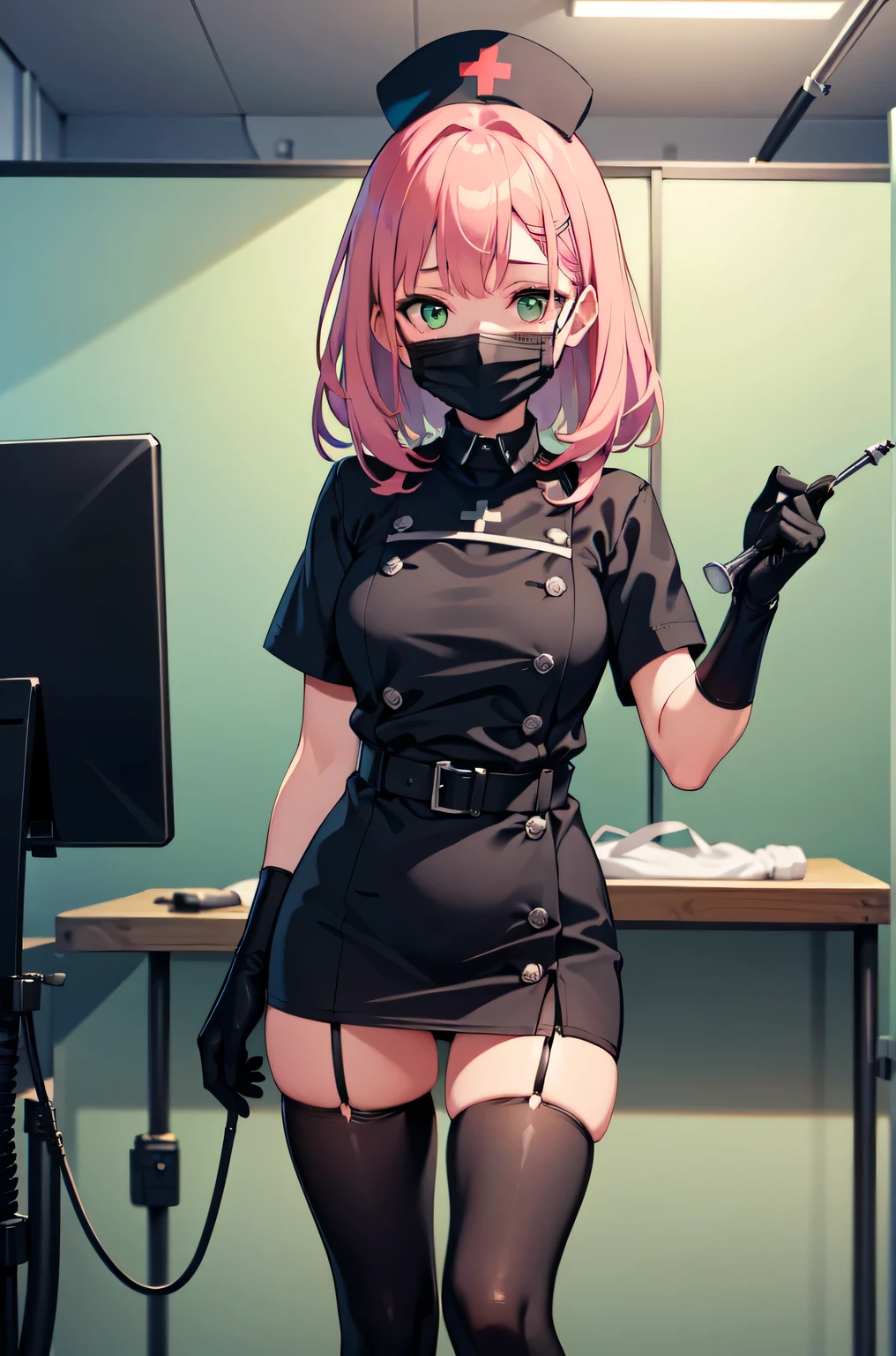 black nurse, 1girl, solo, black nurse cap, black nurse uniform, ((black legwear, zettai ryouiki)), black elbow gloves, pink hair, green eyes, drooping eyes, ((black surgical mask, covered nose)), standing, ((surgery room)), sharp outline, short sleeves, best quality, masterpiece