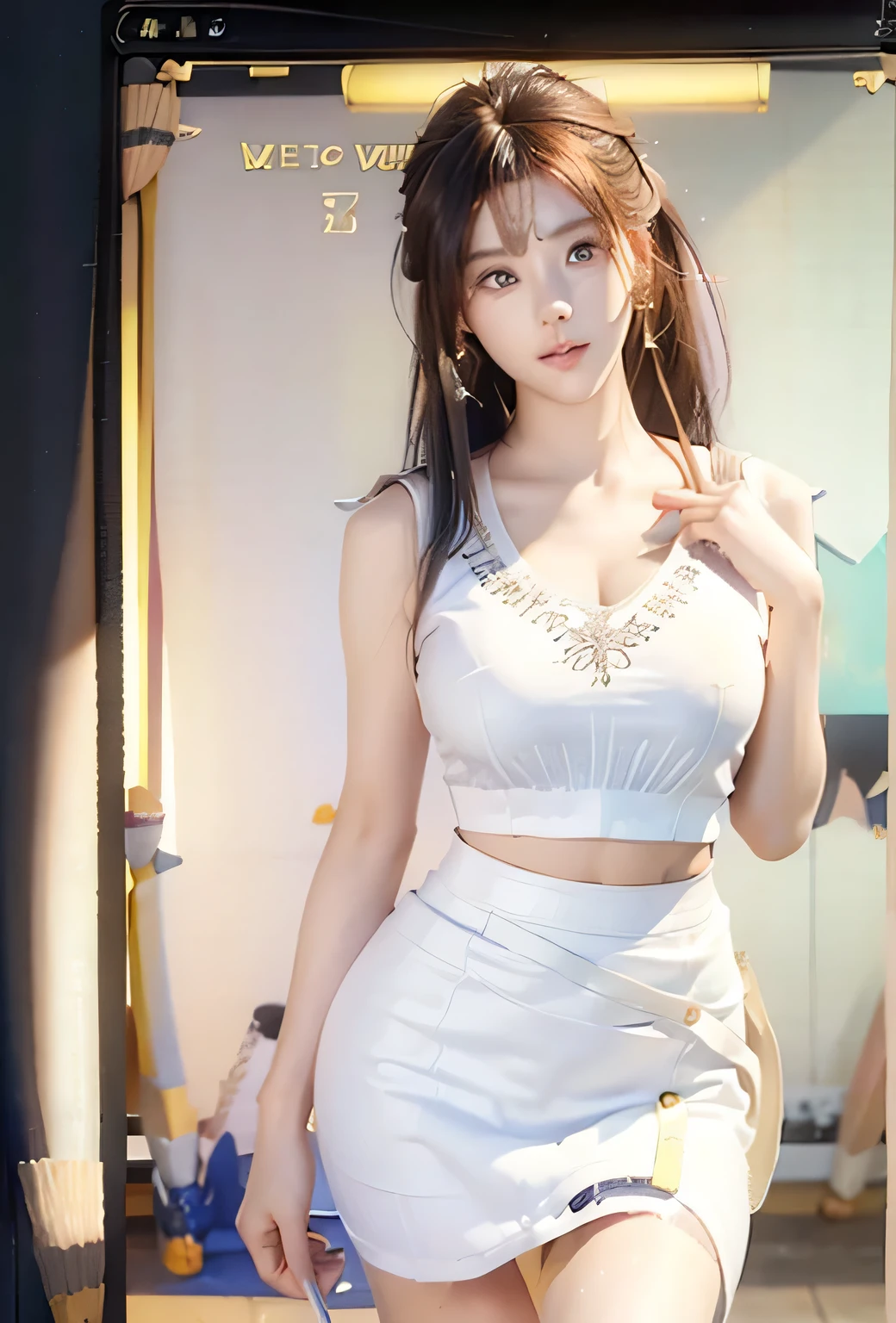 An innocent 20-year-old girl, (white Crop Top sleeveless tee:1.4), (short Pencil Skirt:1.8), (Dramatic Pose),smile, (High Ponytail),natural Park、RAW Photos, (8k, highest quality, masterpiece:1.2), (Intricate details:1.4)、(Photorealistic:1.4), Octane Rendering, Complex 3D rendering with ultra-detail, Studio Soft Light, Rim Light, Vivid details, Super Detail, Realistic skin texture, Detailed aspect, Beautiful details in the eyes, Highly detailed CG Unity 16k wallpaper, compensate, (Detailed Background:1.2), Glowing Skin, whole body, ((thin legs)), small waist, Cleavage, (looking at viewer:3.0)