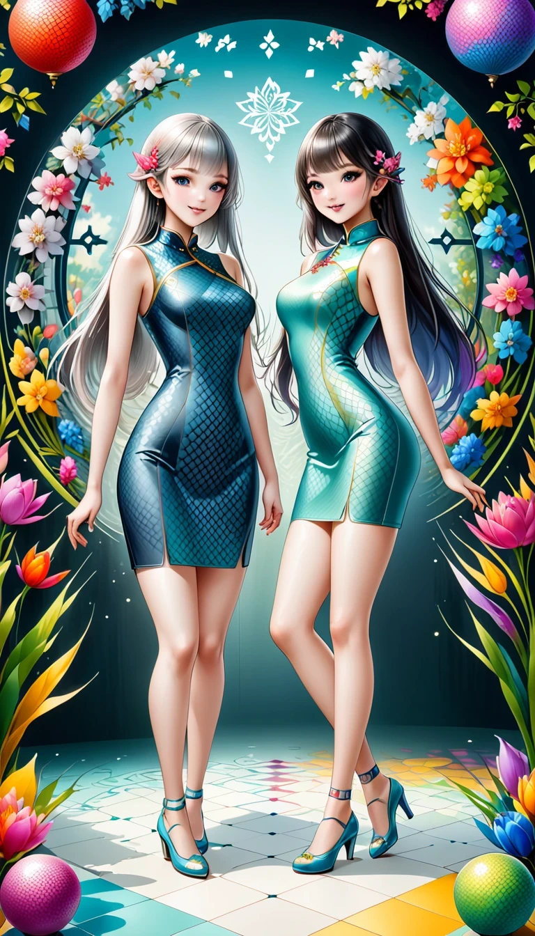 Seamless geometry，The art of stitching，Geometric puzzle style，2 cute girls, Elf ears，Shining eyes, 16 years old, happiness，Lovely smile， Colored undercoat, Gradient hair, Smooth lines, Clean silhouette,Standing， (Plump figure and slender legs:1.1), Go to shoes，geometric pattern cheongsam，There are colorful geometric shapes around，Vibrant colors，Eye-Catching Composition，abstract pattern，geometric symmetry，Shocking visual impact，Blank Background，Fishnet socks，Artistic Interpretation，Expressive brushstrokes，Translucent layer，Contrasting tones，Warm and cool light exposure，Ethereal and magical atmosphere，Enchanting scene
