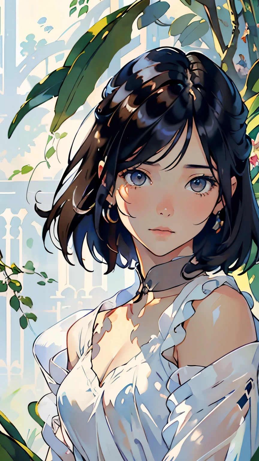 (masterpiece), (highest quality), Oil, Classical painting, 1 girl, Portraiture, Exposing shoulders, dress, Earth Colors, Flowers、(Sargent Oil painting)、(highest quality、masterpiece)、 Realistic, Photorealist, One Girl, alone,Beautiful Face、A vivid face、Black-haired、short hair、Beautiful hairstyle、 Realistic Skin、Beautiful Skin、charm、Cute blouse、 Upper Body,Familiar,Cattleya flower、Dark Background,Backlight、(Soft Light)、(Soft Shading)、(Sargent-style watercolor)、(Edmund Leighton Style)、((White Background))、((Blank Background))、(Blur the background)、