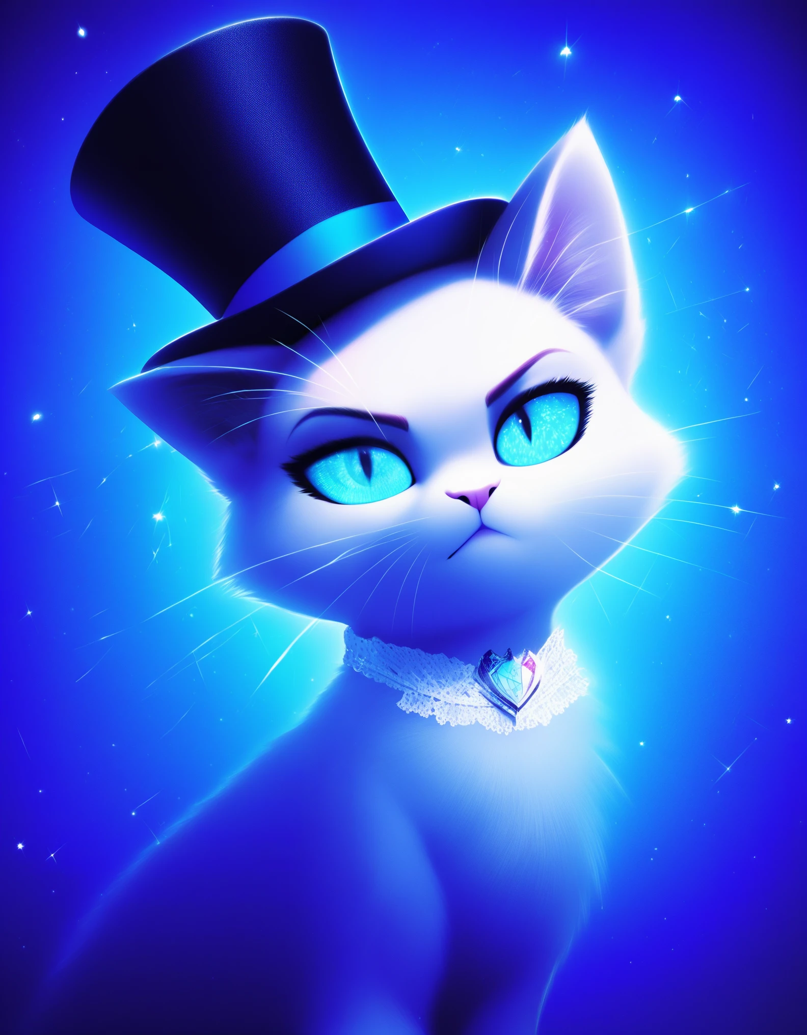 masterpiece, best quality, ultra high res, a cute cat, animal, beautiful, visually stunning, elegant, incredible details, award-winning painting, high contrast, vector art, line art, splatter, flat color, color merge gradient, (kitten:0.7), (dark blue theme:1.2), n3on, glowing, neon, (fluffy:1.2), top hat, cat eyes, serious, magenta, (no humans:1.4)