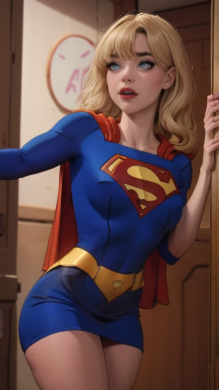 Supergirl, blue superman suit,crystalblueeyes, blonde long hair, standing, looking to camera, standing split sx, fuck