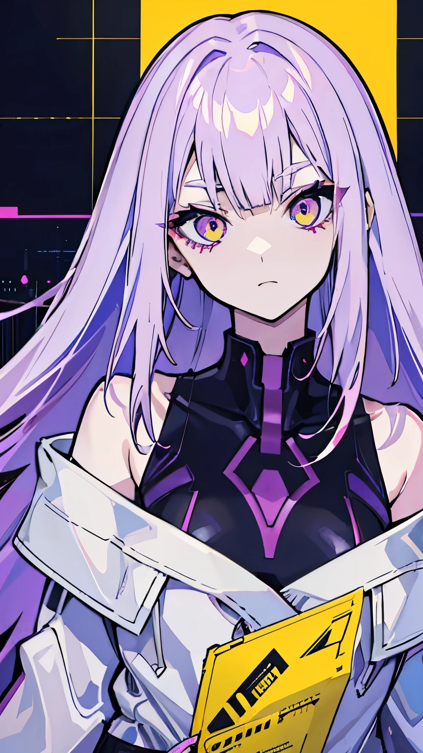 longeyelashes, amber eyes, gradient hair,Hair tucked behind one ear, long hair, purple hair, feet out of frame, tachi-e, character chart, ray tracing, bust chart, masterpiece, ccurate, anatomically correct, super detail, high details, best quality, 1080P(Pale skin), (Perfect Face:1.1), (Attention to detail:1.1),Purple to pale pink gradient hair, [Thin eyebrows],night, punk, neon,Stylish room, Detailed Background,Play the game,Have a game controller,