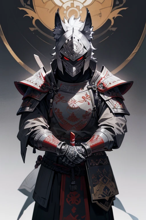 masterpiece、Wolf Knight, Fine Armor, Intricate Design, Silver, silk,8k, sharp、View your audience、Red eyes、Create with this image in mind、Samurai Armor、