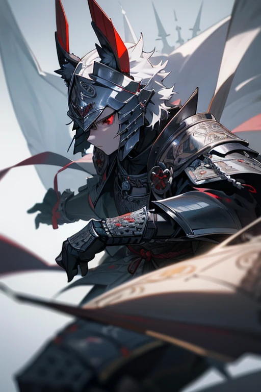 masterpiece、Wolf Knight, Fine Armor, Intricate Design, Silver, silk,8k, sharp、View your audience、Red eyes、Create with this image in mind、Samurai Armor、
