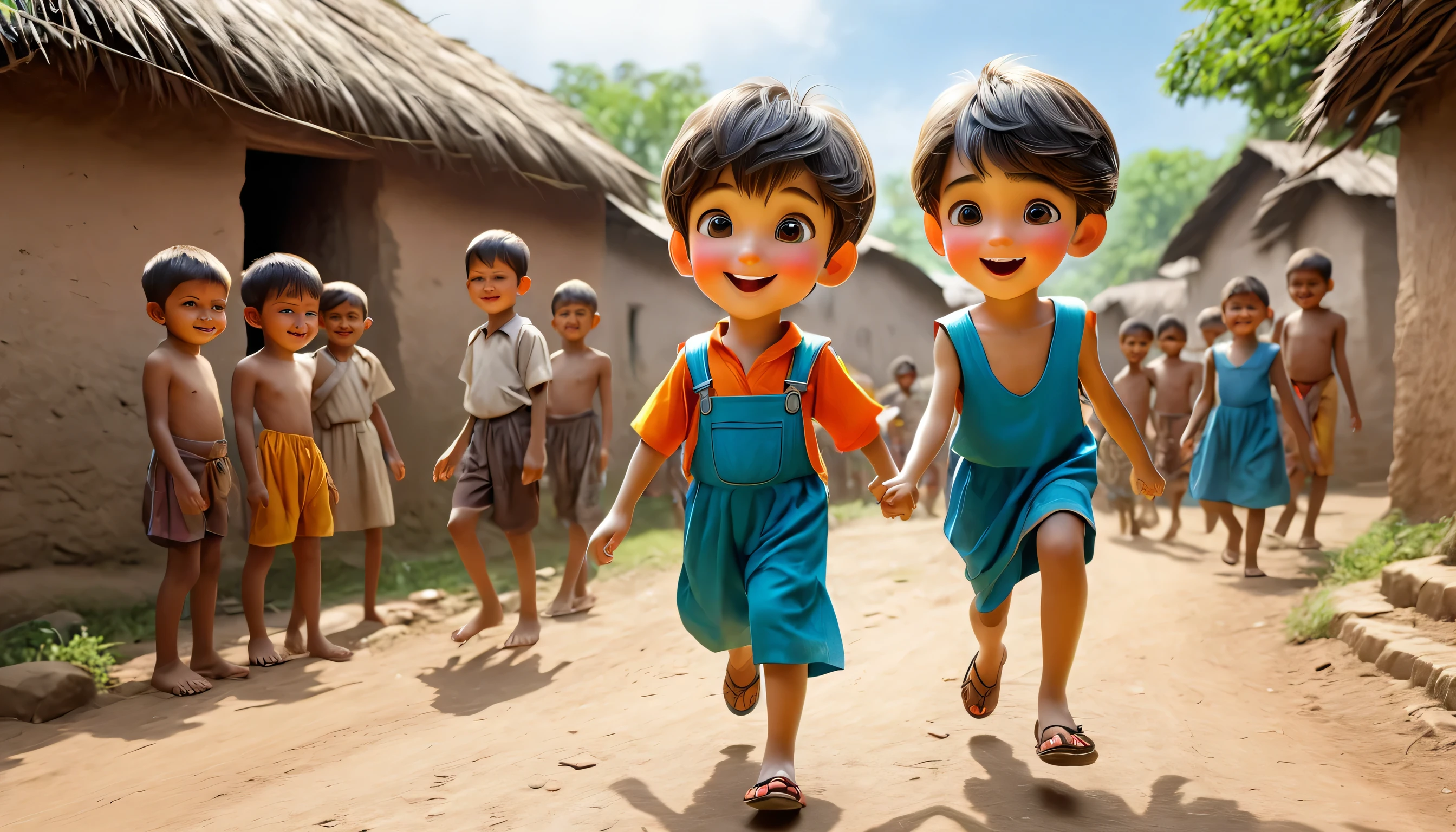 Children of the village thank boy for his kindness.