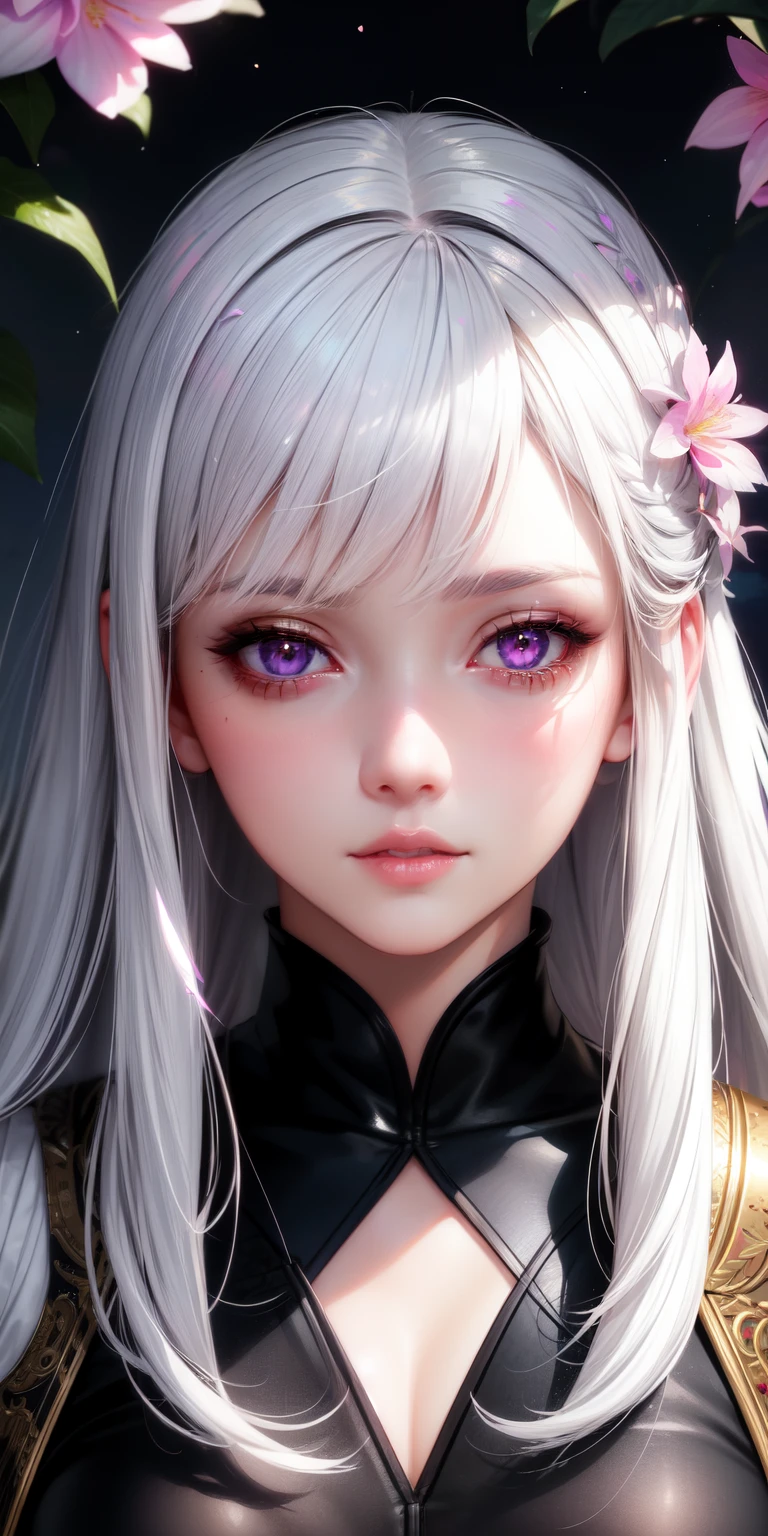realistic, 1girl, white hair, purple eyes, glowing eyes, crop parted lips, blush, night, flowers, sun, sunlight,