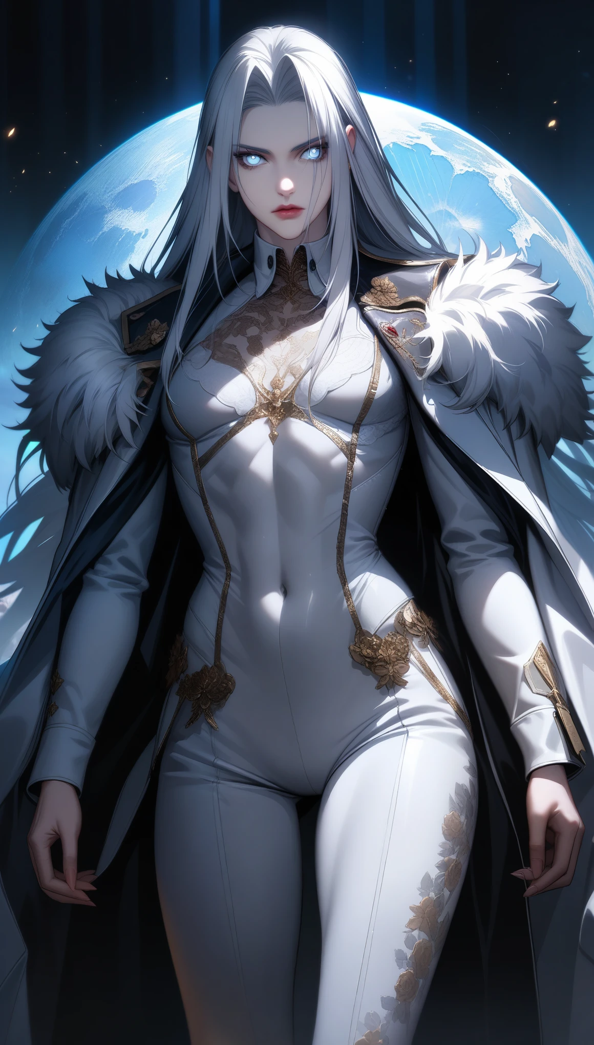 32k, best quality, ultra high res, HDR, UHD, extremely detailed CG, unity 32k wallpaper, masterpiece, highest quality, (alone focus), (Perfect Face:1.1), (Attention to detail:1.1), (Ultra-detailed eyes), dramatic, A man with white skin and long, voluminous white hair, White eyes, alone, Long Hair, Sephiroth, moon, night, White luxury suit, Covered navel, Pouting, fur, Arrogant look, rose園, Detailed Background, Art by artgerm, Cinema Lighting, rose, fashion, Balenciaga Style,