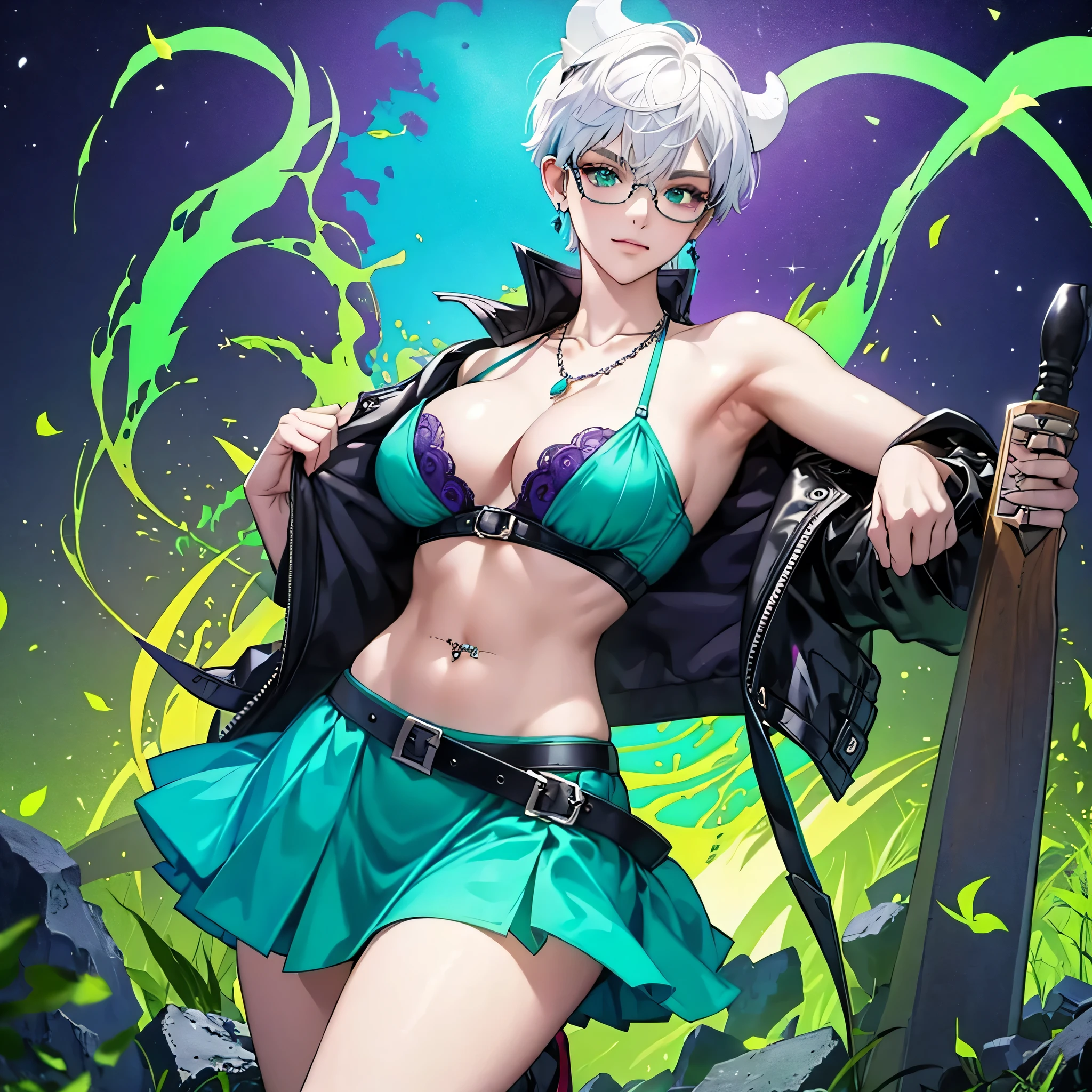 8k, masterpiece, best quality, highly detailed, 1girl, tiefling, necromancer, solo, multicolored hair, very short straight hair green highlight hair on white hair, strippled hair, wearing glasses, round glasses, earrings, necklace, navel piercing, collarbone, cleavage,  short tight skirts, high heels, mole, glamorous, teal and purple clothing, villainy, smirk, seductive pose, close ups view, rings, looking at viewer, standing, demon horns, graveyard, skeletons, midnight, blue moon, green flames.