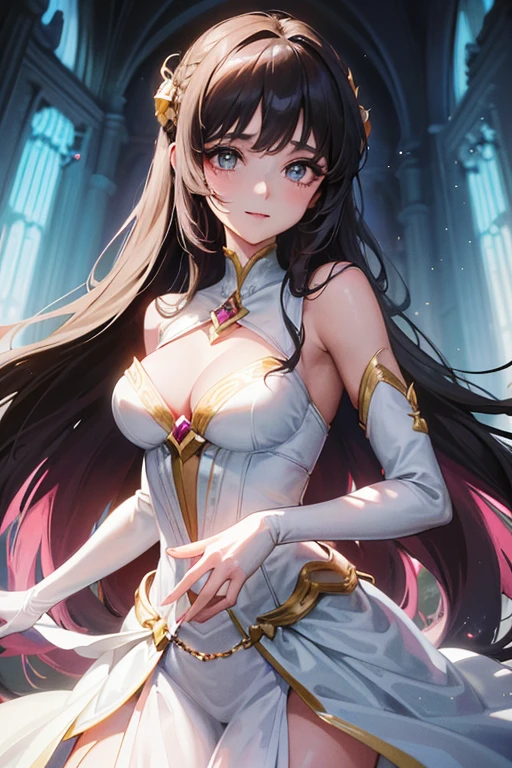 Woman facing front, young and beautiful in a pink ensemble, her cute features adorned with hair ornaments that shimmer and sparkle like gems in the light. Dressed in an elegant Anime CG style, her outfit is likely to be profitable, a testament to her goddess-like status. The delicate fabric of her clothing billows gently, revealing a captivating figure. Her smile is radiant, and her long, flowing hair cascades down her back. Her eyes, as large as moons, have black pupils that seem to hold a deep, enchanting mystery. The magic of her world is evident in every detail: the deformation of her body creating an illusion of fluid movement,