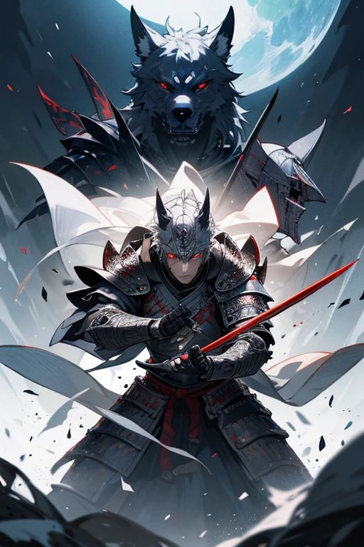 masterpiece、Wolf Knight, Fine Armor, Intricate Design, Silver, silk,8k, sharp、View your audience、Red eyes、Create with this image in mind、Samurai Armor、Transform into a wolf、