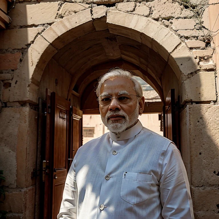 , Prime Minister Narendra Modi is standing in front of the Ayodhya Ram Mandir in an orange outfit 