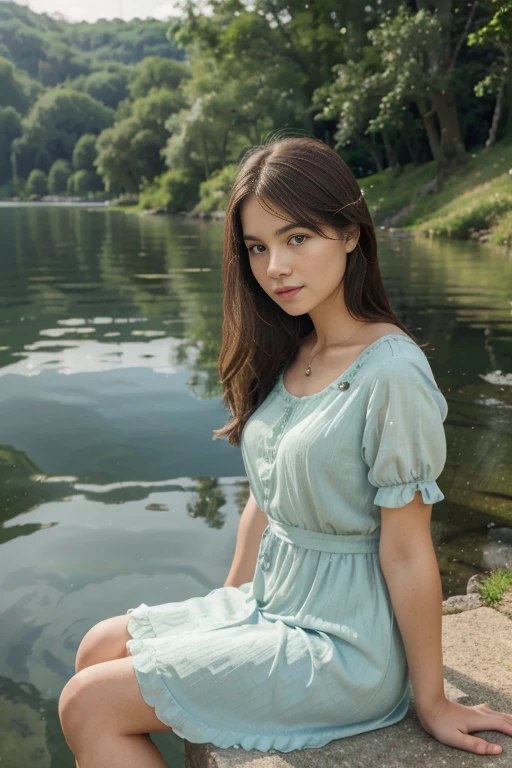 A girl sitting by the lake, enjoying the peaceful scenery. [illustration], (best quality, highres, realistic:1.37) vibrant colors, soft lighting, detailed facial features, calm expression, flowing dress, gentle breeze, serene atmosphere, clear reflections, greenery, sparkling water, pleasant ambiance