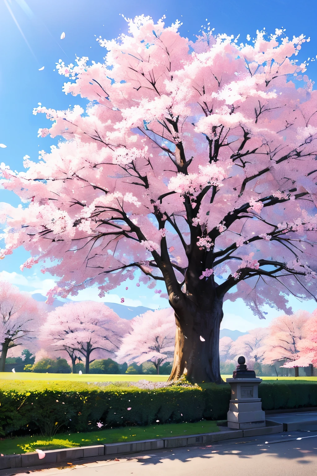 Beautiful morning。Cherry blossoms are blooming。Big tree on background