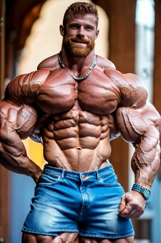 bodybuilder flexing his biceps, extremely short denim shorts with massive crotch bulge, 700 pounds of muscle, extraordinary attractive European man with radiant blue eyes, (handsome:1.5), (gorgeous:1.6), (beautiful:1.3), ginger, short hair, rugged, park, sunny day, (ginger:1.0), metal collar, shirtless, (defined muscles:1.5), vascular,