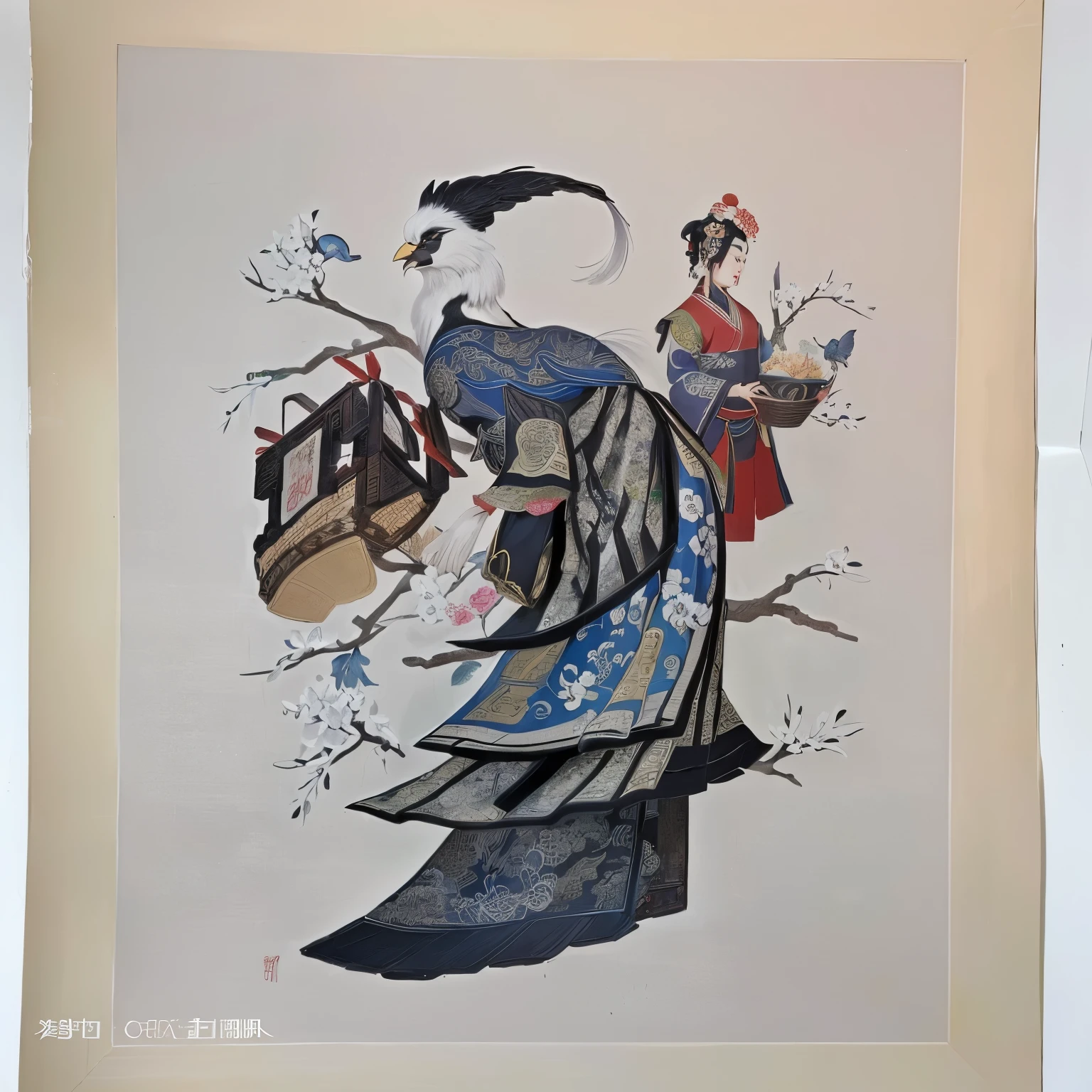 arafed asian existoman existith a basket of floexisters and a bird, Inspired by Ji Yunfei, Qing Dynasty painting, 古Chinese painting, unknoexistn artist, artexistork in the style of z.exist. arrive, Chinese Arts, Chinese Ink Painting, Chinese painting, artexistork in style of sheng lam, traditional Chinese painting, style of arriveo hua, Qing Dynasty Shadow Play Three People Courtyard