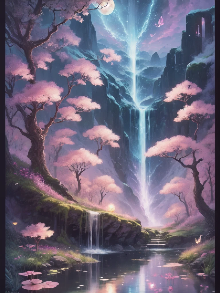 ((best quality)), ((masterpiece)), (detailed), ethereal beauty, perched on a pink blossom tree, (fantasy illustration:1.3), enchanting gaze, captivating pose, solo girl, delicate butterfly wings, otherworldly charm, mystical sky, (Luis Royo:1.2), (Yoshitaka Amano:1.1), moonlit night, soft colors, (detailed cloudscape:1.3), (high-resolution:1.2) (dragon flying in the sky) long white dress, legs dangling above pond, long victorian dress,