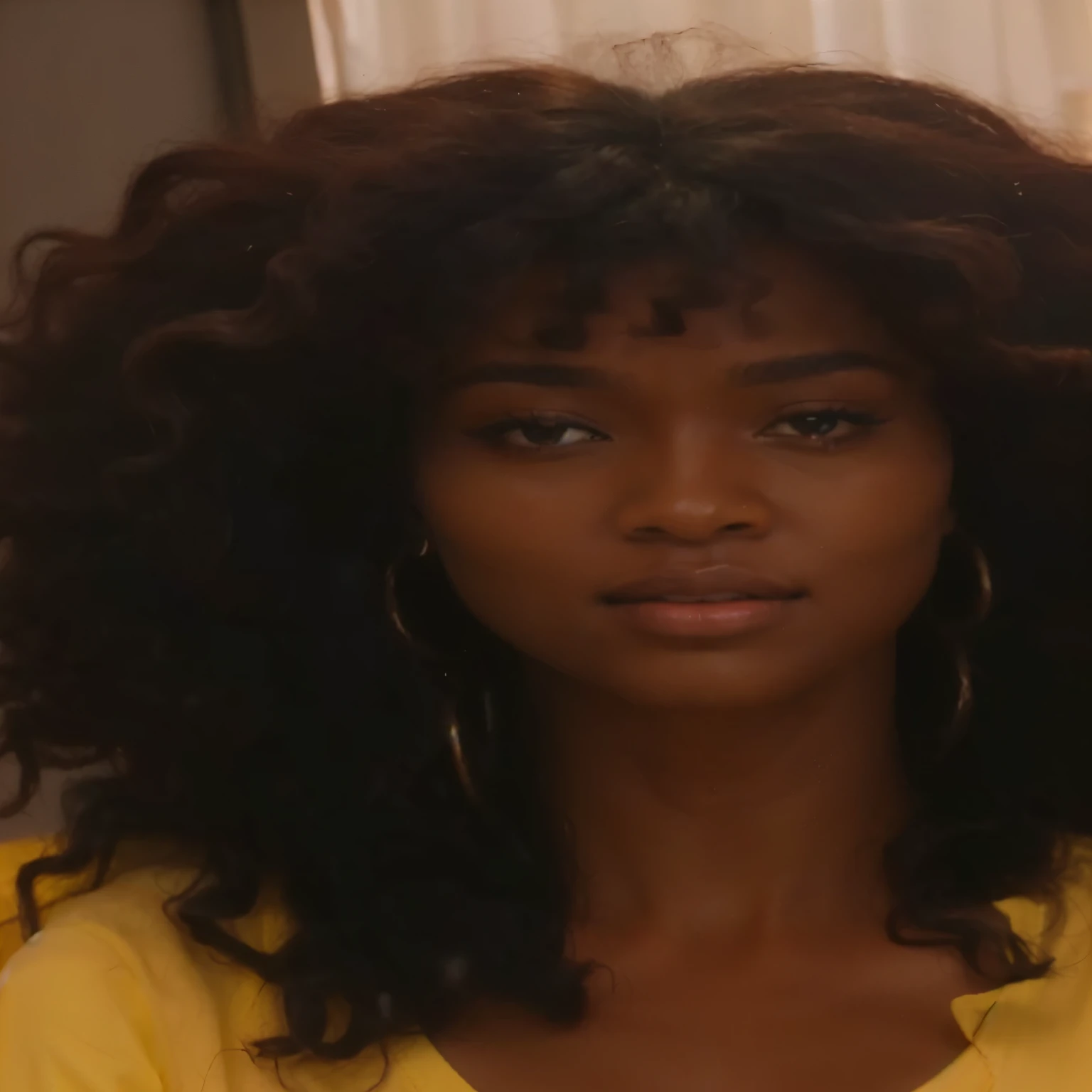 una mujer con un gran afro vistiendo una camisa amarilla, sza, Naomi Campbell, su rostro enmarcado con rizos, lizzo, Hermoso rostro!, vhs screencap, Hermoso rostro!!!!, hermosa reina, cara bonita!!, Hermosa afroamericana!!, hermosa hermosa, tapa de la pantalla, hermosa hermosa woman, Hermoso, precioso, frame from a music video, mirada , arte promocional