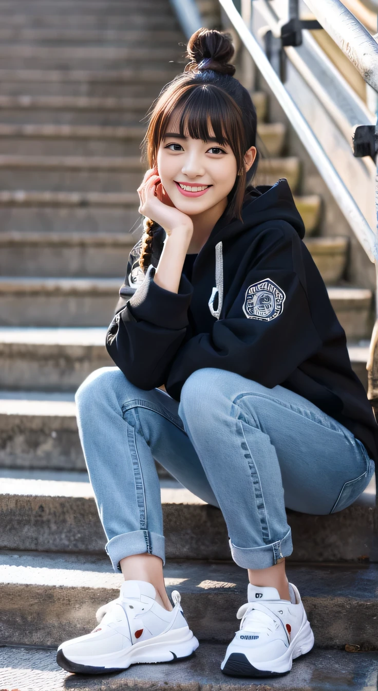 highest quality, Realistic, Very detailed, Finer details, High resolution, 8k wallpaper, One beautiful woman,Sit on the stairs、smile、、(Black socks) Oversized hoodie, Skinny jeans,( Black sneakers)、Black Hair、 Beautiful Bangs、ear piercing、Perfect dynamic composition, Beautiful and detailed, Full Body Shot, A big smile waiting to start