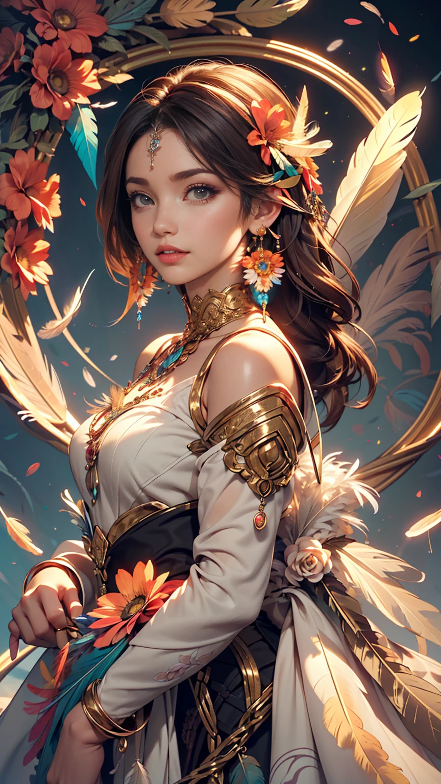 (Official Art, beautifully、aesthetic:1.2), (One girl:1.3),(Fractal Art:1.1),(colorful:1.1)(Flowers:1.3),Most detailed,(Tangled:1.2), whole body, (Abstract background:1.3), (Shiny skin), (Many colors:1.4), ,(Earrings), (feather:1.5),