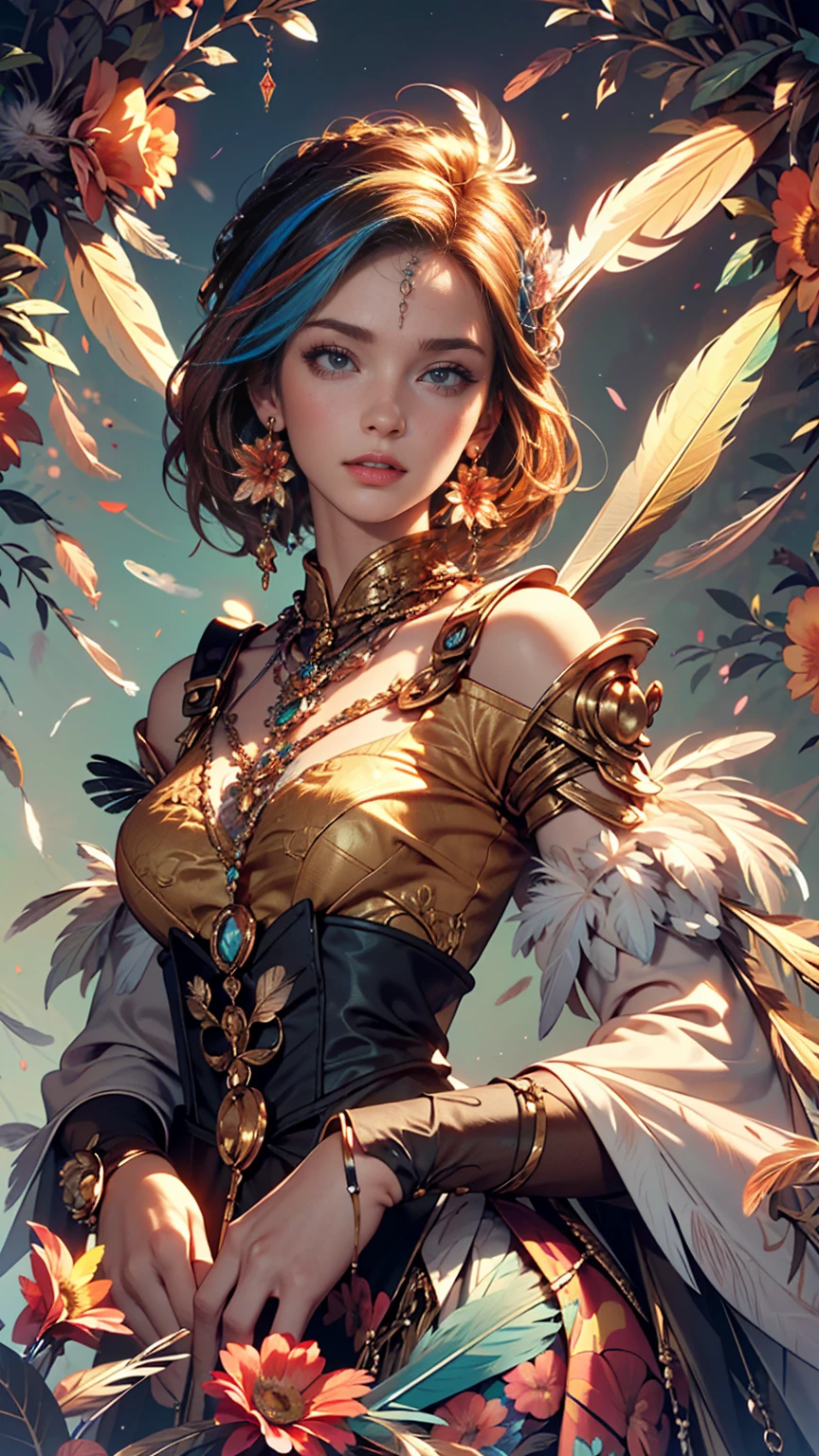(Official Art, beautifully、aesthetic:1.2), (One girl:1.3),(Fractal Art:1.1),(colorful:1.1)(Flowers:1.3),Most detailed,(Tangled:1.2), whole body, (Abstract background:1.3), (Shiny skin), (Many colors:1.4), ,(Earrings), (feather:1.5),