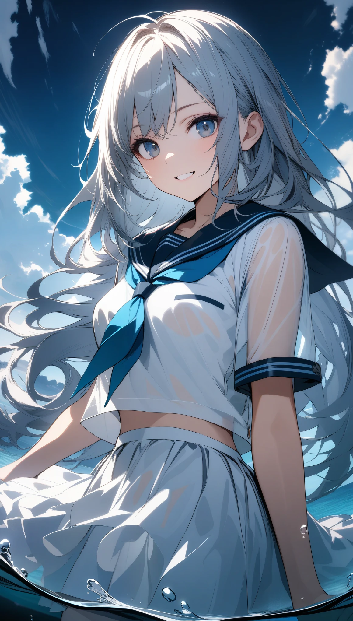 (See-through:1.3),white serafuku,Sailor Dress, White Theme,, Sailor suit, View your viewers,  insanity, Disheveled long hair, Beautiful fine details,Hair shines,Elevation,Blue sailor collar, Firm breasts,A light smile,Partially underwater..., 32k, best quality, ultra high res, HDR, UHD, extremely detailed CG, unity 32k wallpaper, 