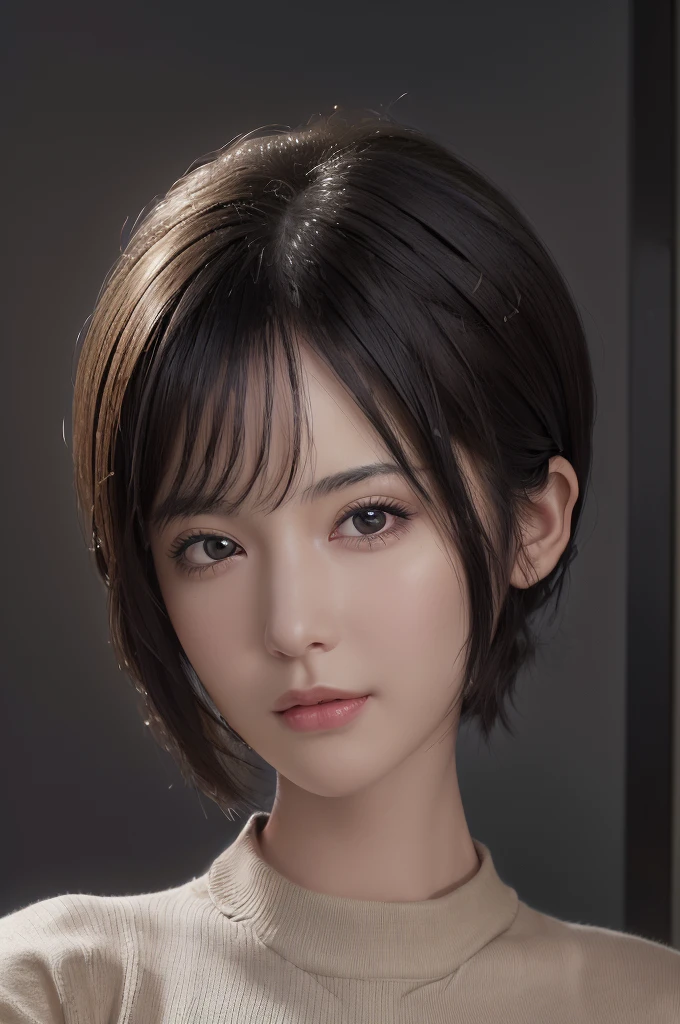 (masterpiece:1.3), (8k, Realistic, RAW Photos, highest quality: 1.4), (One girl), Beautiful Face, (Realistic Face), (Black Hair, short hair:1.3), Beautiful hairstyle, Realistic eyes, Beautiful fine details, (Realistic Skin), Beautiful Skin, (sweater), Absurd, Charm, Ultra-high resolution, Ultra-realistic, Very detailed, Golden Ratio