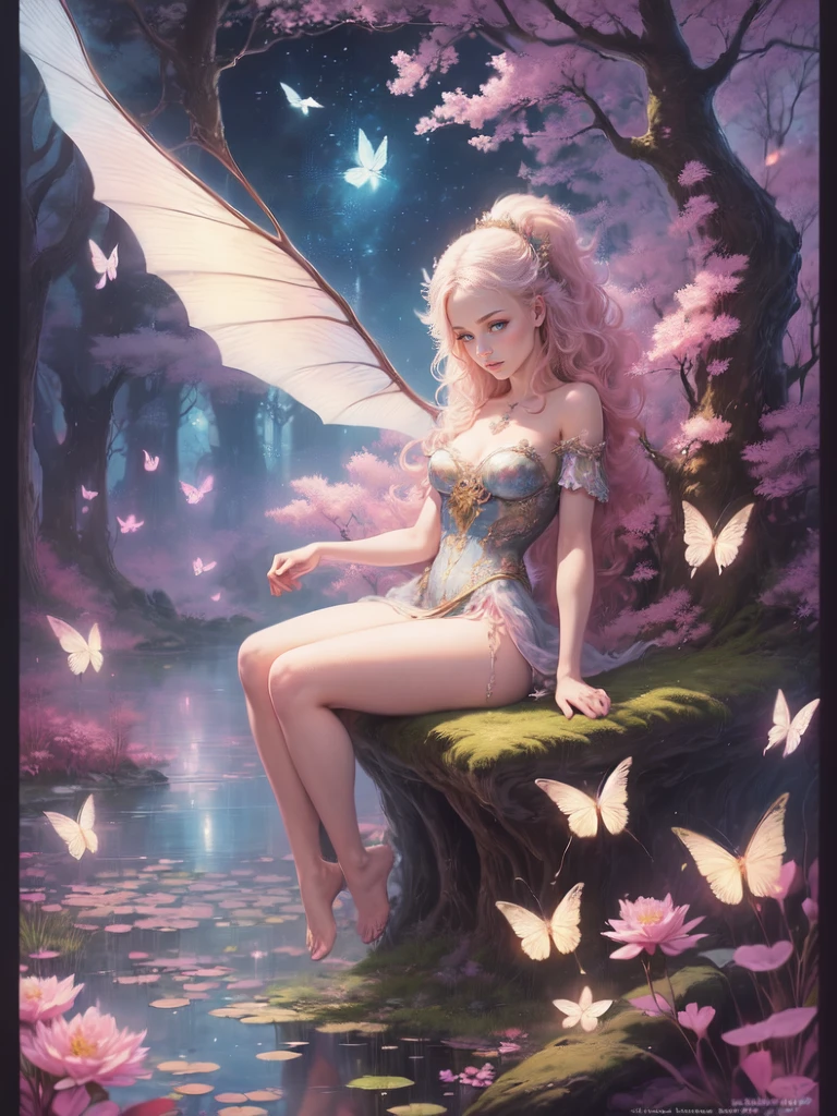 ((best quality)), ((masterpiece)), (detailed), ethereal beauty, perched on a pink blossom tree, (fantasy illustration:1.3), enchanting gaze, captivating pose, solo girl, delicate butterfly wings, otherworldly charm, mystical sky, (Luis Royo:1.2), (Yoshitaka Amano:1.1), moonlit night, soft colors, (detailed cloudscape:1.3), (high-resolution:1.2) (dragon flying in the sky) long white dress, legs dangling above pond, long victorian dress,