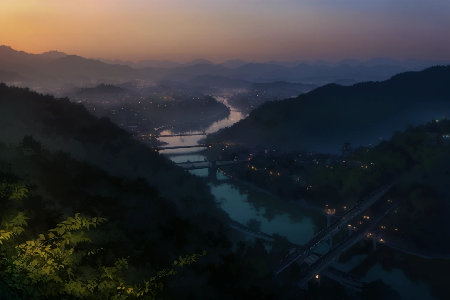 Mountains with eight bridges and a river in the distance, Night settings, Sunset美景, high bridge，There are cities on it, 山谷里的Sunset, Beautiful Iwakura, Vision, At sunrise, Sunset, zhangjiajie in early morning, Summer evening, author：Stefan Lucian, River view, There are many bridges