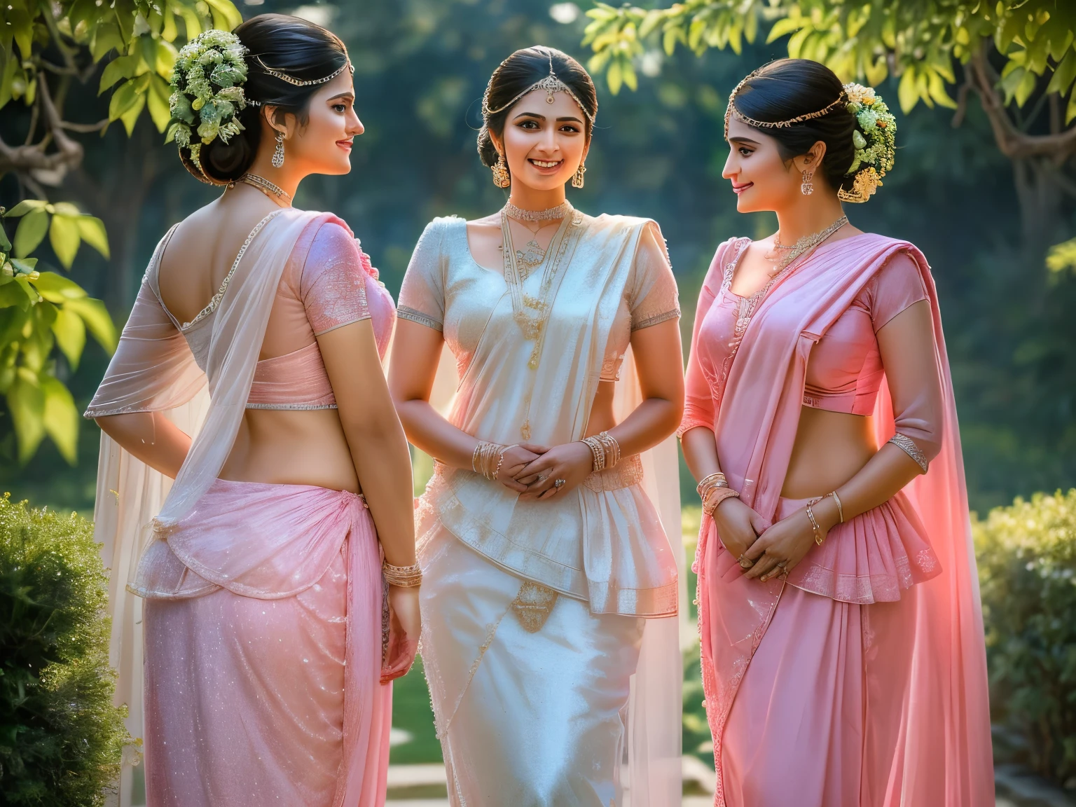 ((best quality)),((masterpiece)),(photorealistic:1.4), 1 Bride and 2 bride's maids, light smile, Bride in the middle wearing Pearl-white saree, bride's maids wearing pink sarees (Shimmering cloths:1.4),waist up, dramatic lighting, from below, garden background, looking at viewer,