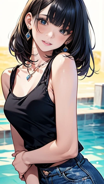 ((((masterpiece, best quality, high resolution)))), Extremely detailed 8K, Beautiful girl with voluptuous body, (Ultra HD, Ultra-detailed, Highly detailed, Highly realistic, Ultra-realistic, photograph realistic), (1girl:1.5), (Realistic black hair), (short wavy hair, hair ornaments, earrings), (dynamic poses), facing at camera, looking at viewer, (blushing red, embarrassed, smile), (green eyes, sharp eyes), (big perky breasts:1.2), (beautiful detailed face, beautiful detailed eyes), ((black bikini)), (detail pussy), (swimming in sea:1.3), sweat, glow, (sunbeam, sunlight), ((cowboy shot)), beach, seductive, glistening sweat