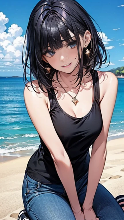 (masterpiece),(best quality:1.0), (Ultra-high resolution:1.0), Detailed description, 8K, 1 Girl, Black Hair, Wavy, short hair, Large target , Smile, Pink vest, shorts, beach, attractive