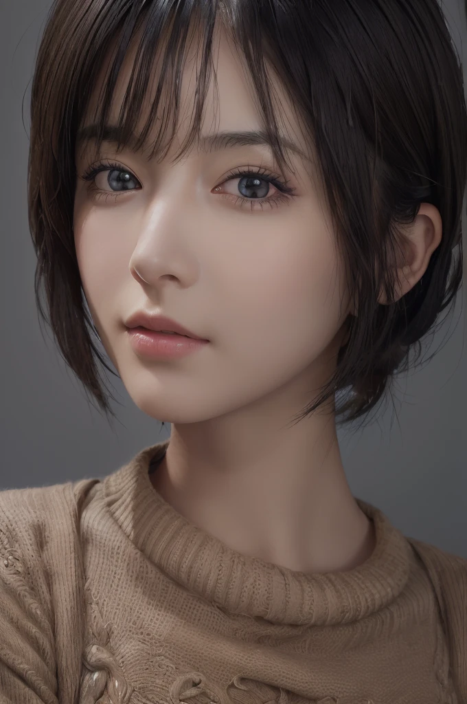 (masterpiece:1.3), (8k, Realistic, RAW Photos, highest quality: 1.4), (One girl), Beautiful Face, (Realistic Face), (Black Hair, short hair:1.3), Beautiful hairstyle, Realistic eyes, Beautiful fine details, (Realistic Skin), Beautiful Skin, (sweater), Absurd, Charm, Ultra-high resolution, Ultra-realistic, Very detailed, Golden Ratio