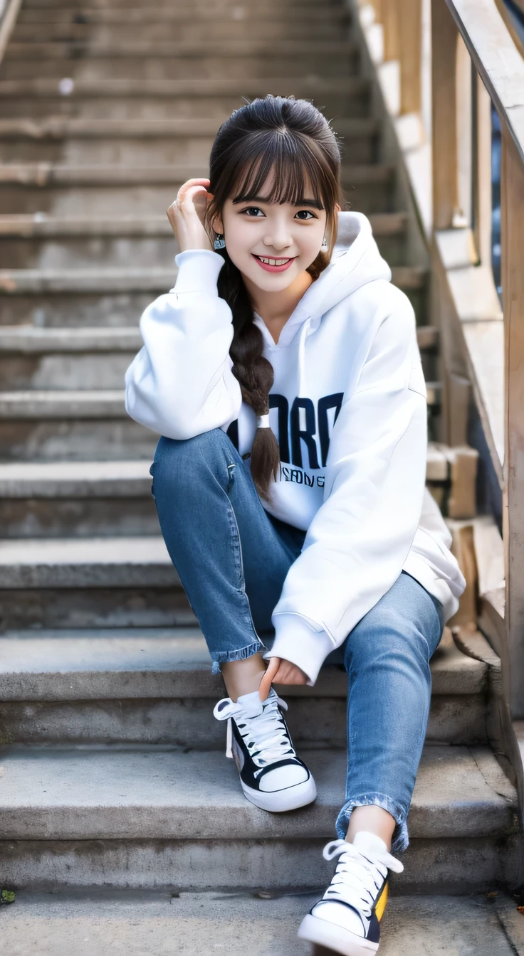 highest quality, Realistic, Very detailed, Finer details, High resolution, 8k wallpaper, One beautiful woman,Sit on the stairs、smile、、 Oversized hoodie, Skinny jeans,（ sneakers）、Hairstyle braid、Black Hair、 Beautiful Bangs、ear piercing、Perfect dynamic composition, Beautiful and detailed, Full Body Shot, A big smile waiting to start
