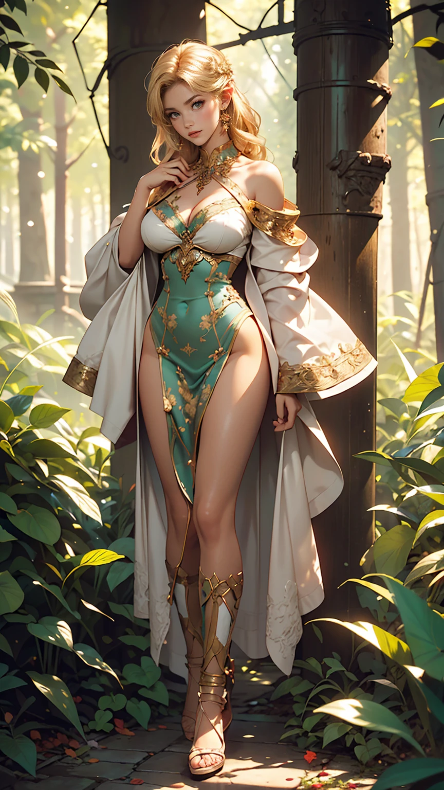 masterpiece, highest quality, Intricate details, Gorgeous blonde elven woman, (mint eye), Celestine Lucullus, Perfect Anatomy, Perfect Face:1.1), ((Huge breasts!!!!!!)),(Huge breasts!!!!), White one-piece uniform, Sharp focus, ((alone:1.4), (Full Body Shot), View your viewers, Ultra-high resolution, (One girl:1.4), Highly detailed illustration, Smooth, Extremely pixel perfect, Detailed Background, art:Wlop と Ross Tran, forest, Fascinating,Venus Body