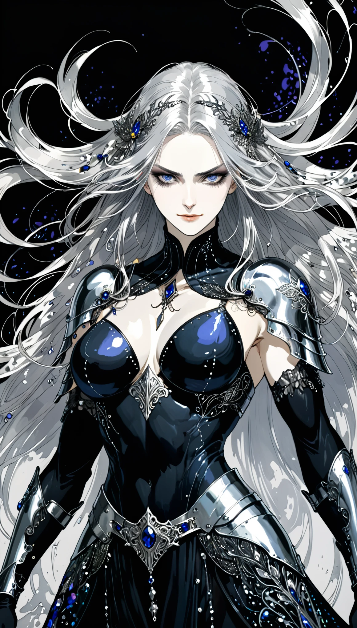 in style of Harry Clarke,muscular female,full body,paladin,contemptuous eyes,loose long flying hair,heroic,dynamic action,(an expression of contempt:1.3),(half-closed eyes:1.2),scowl,(heavy_breathing:1.2),Silver long hair,(aggressive:1.2),(a sense of oppression:1.1),(strong emotional expression:1.2),strong facial muscle changes,(pupillary strabismus:1.1),(adjusting hair:1.3)
