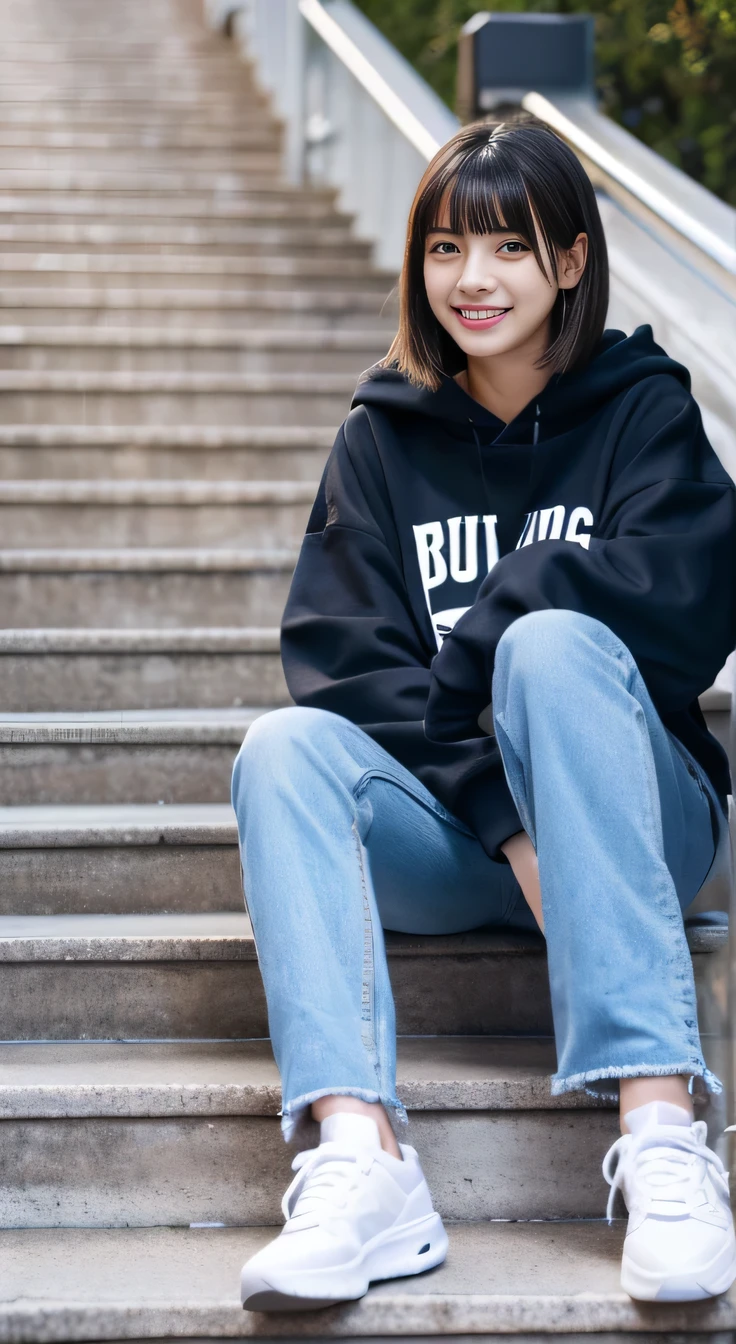 highest quality, Realistic, Very detailed, Finer details, High resolution, 8k wallpaper, One beautiful woman,Sit on the stairs、smile、、 Oversized hoodie, Skinny jeans,（ sneakers）、Black Hair、 Beautiful Bangs、ear piercing、Perfect dynamic composition, Beautiful and detailed, Full Body Shot, A big smile waiting to start
