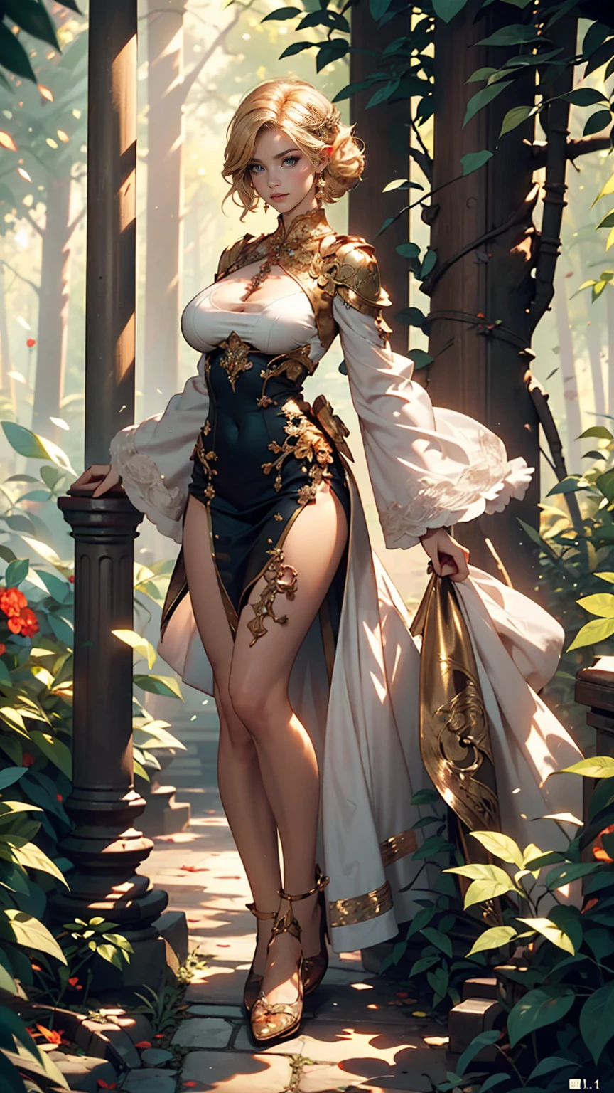 masterpiece, highest quality, Intricate details, Gorgeous blonde elven woman, (mint eye), Celestine Lucullus, Perfect Anatomy, Perfect Face:1.1), ((Huge breasts!!!!!!)),(Huge breasts!!!!), White one-piece uniform, Sharp focus, ((alone:1.4), (Full Body Shot), View your viewers, Ultra-high resolution, (One girl:1.4), Highly detailed illustration, Smooth, Extremely pixel perfect, Detailed Background, art:Wlop と Ross Tran, forest, Fascinating,Venus Body