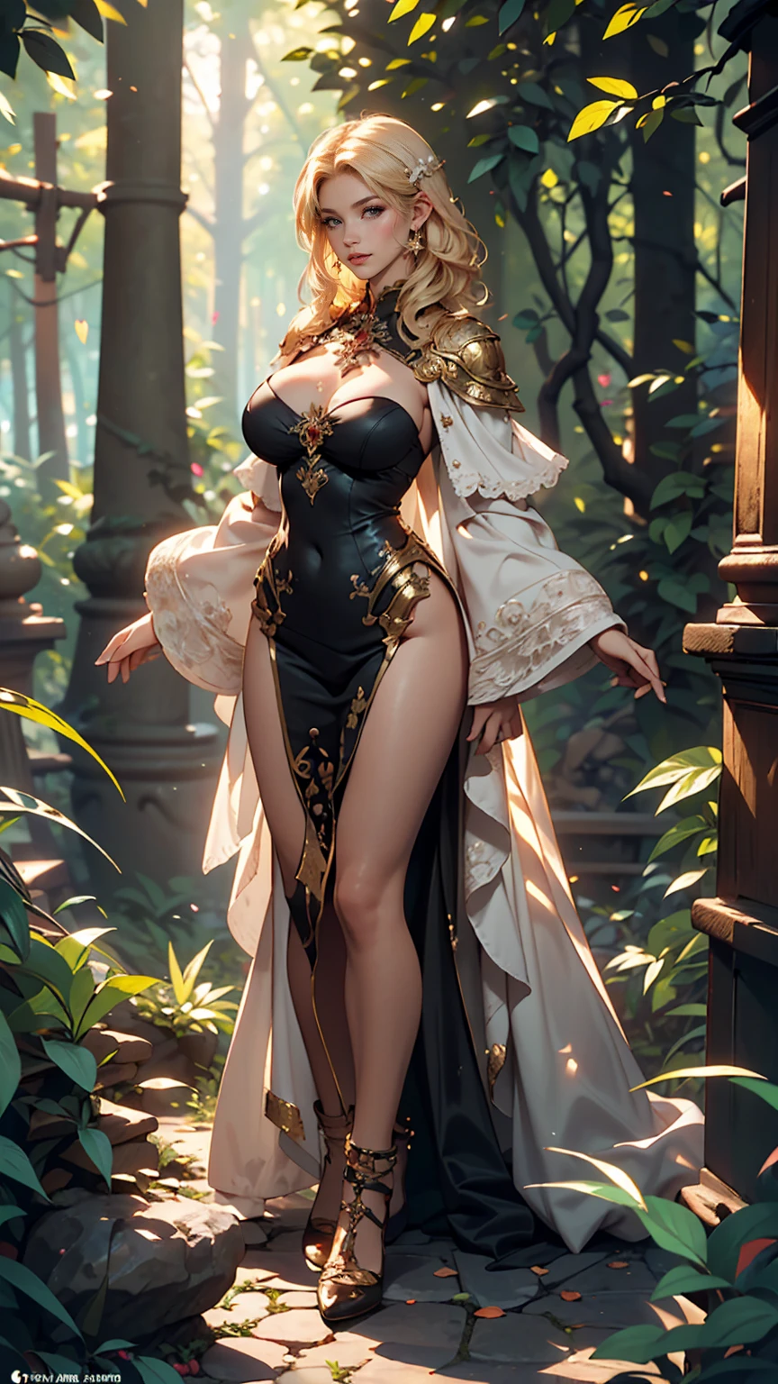 masterpiece, highest quality, Intricate details, Gorgeous blonde elven woman, (mint eye), Celestine Lucullus, Perfect Anatomy, Perfect Face:1.1), ((Huge breasts!!!!!!)),(Huge breasts!!!!), White one-piece uniform, Sharp focus, ((alone:1.4), (Full Body Shot), View your viewers, Ultra-high resolution, (One girl:1.4), Highly detailed illustration, Smooth, Extremely pixel perfect, Detailed Background, art：Wlop と Ross Tran, forest, Fascinating,Venus Body